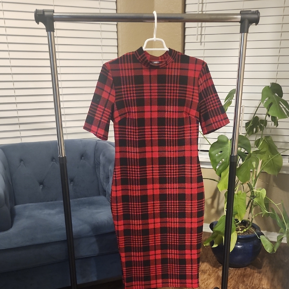 Shein Red and Black Checkered Midi Dress